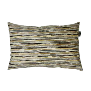 gestreept sierkussen ( Lucky Stripes) met warme kleuren streepjes en de achterkant van een gouden stof